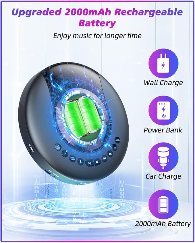 ARAFUNA Portable CD Player Bluetooth with FM Radio, 2000mAh Rechargeable CD Player for Car with LCD Screen, Anti Shock Protection Compact Player with Headphone, AUX Cable-StrideForce Fitness