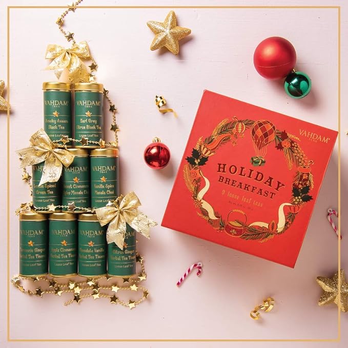 VAHDAM, Holiday Breakfast - Christmas Tea Gift Sets (90+ Cups) 9 Loose Leaf Tea - Luxury Gift Box | Christmas gifts 2024 Ideas | Christmas Gifts For Women, Men & Adults I Holiday Tea Gift Box-StrideForce Fitness