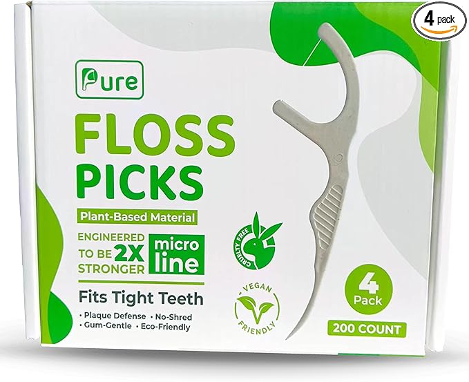 Biodegradable Floss Picks with Corn Straw Handle, Strong No-Shred UHMWPE Floss for Tight Teeth & Gum Care, Strong Anti-Shred Thread for Tight Gaps, Light Mint-Flavored Dental Picks (200 Picks)