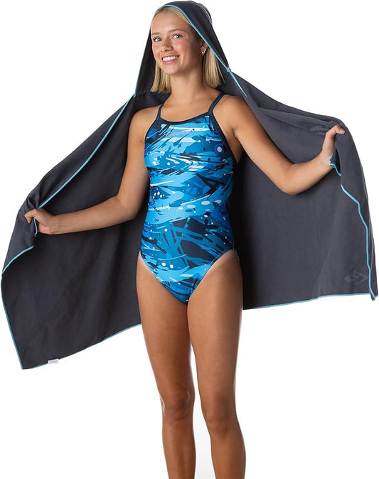 Flow Hydro Sport Towel - Microfiber Quick Dry Swimming Towels for Swim, Pool, Triathlon, and Other Water Sports in Medium, Large, Extra Large, and Hooded Sizes (Gray, Large w/Hood)-StrideForce Fitness