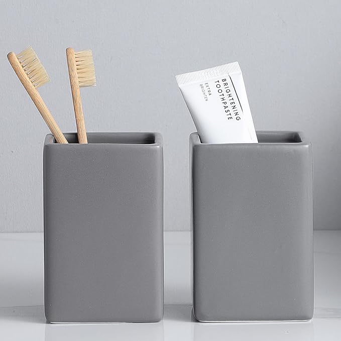 Grey Square Toothbrush Holders for Bathrooms - 2 Cups Ceramic Toothbrush Toothpaste Holders Set, White Square Bathroom Tumbler Cups Reusable Toothbrush Mouthwash Cup, Bathroom Counter Organizer.