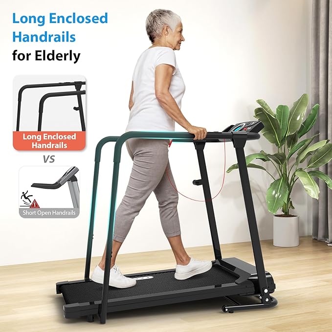 CIIHI Walking Treadmill for Senior - Foldable Senior Treadmill with 300 lbs Capacity and Long Handrails - Home Recovery Fitness Exercise Machine for Elder with Heart Rate Monitor-StrideForce Fitness