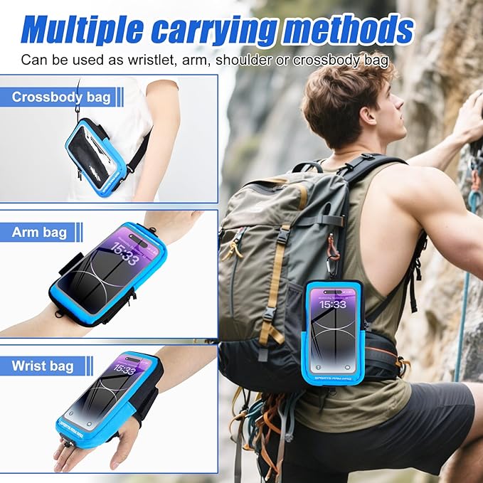 Phone Holder for Running, Running Armband Phone Holder with Carabiner, Phone Armbands for iPhone 16 15 14 13 12 11Pro Max & Galaxy S25/S24/S23, Cell Phone Armband Up to 6.8'' Phone (Blue)-StrideForce Fitness