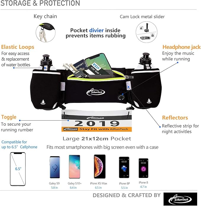 AiRunTech Hydration Running Belt with Water Bottle, Running Fanny Pack for Phone and Wallet Holder, Running Bag Runners Essentials Accessories Marathon Triathlon Walking Jogging Gear Gift-StrideForce Fitness