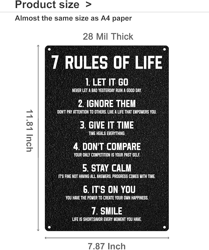ALKB Inspirational Metal Sign for Teen Bedroom Decor - Motivational Wall Decor for Bedroom Office Girls, Boys, Teenager - 7 Rules of Life 8x12 Inch-StrideForce Fitness