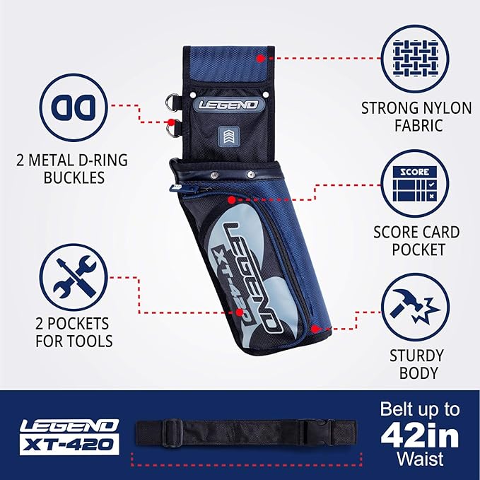 Legend XT420 Field Quiver - Left or Right-Handed Quiver Arrow Holder, Archery Quiver with 3 Arrow Tube, Durable Nylon Hip Quivers with Multiple Pockets for Archery Accessories, Score Card & Tools-StrideForce Fitness