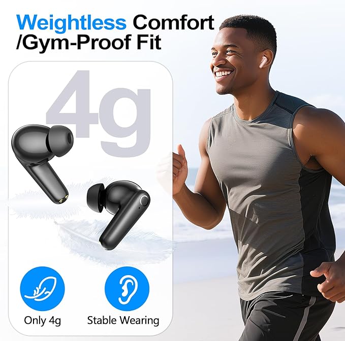 kurdene Wireless Ear Buds Bluetooth 5.4 Headphones 60H Playtime Deep Bass Stereo Earbuds with Mic Comfort Lightweight in Ear Earphones for Workout/Running Black-StrideForce Fitness