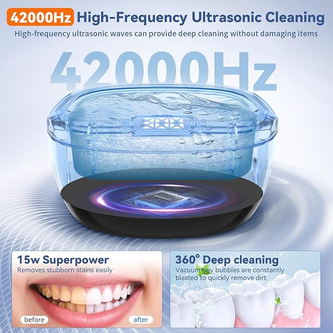 Ultrasonic Retainer Cleaner, 45kHz Dental Cleaning Pod for Dentures, Aligners, Night Guards & Jewelry, 150ML Denture Cleaner 2 Timed Modes & Travel Design (Black, 130ML Ultrasonic Machine)
