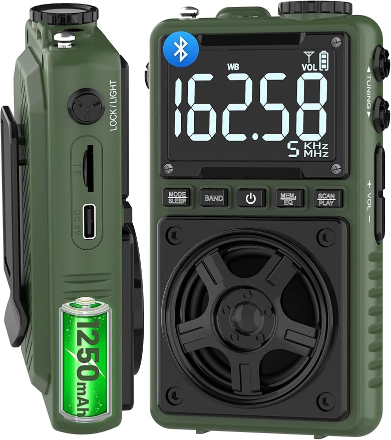 Bluetooth AM FM Shortwave Radio with NOAA Weather Alert,1250mAh Rechargeable Portable Pocket Radio with Best Reception,5W Big Speaker, Digital Tuner and Earphone,Support SD Card and USB MP3 Player-StrideForce Fitness