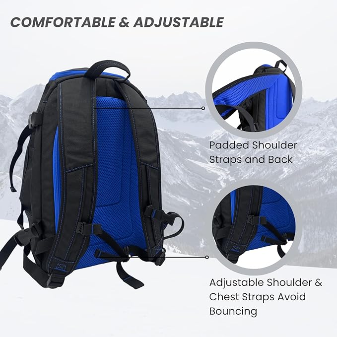 Savvycraft Ski Boot Bag, 50L Ski Backpack for Ski and Snowboard Boots, Helmets, Gloves, and Accessories, Lightweight Durable Convenient, Blue-StrideForce Fitness