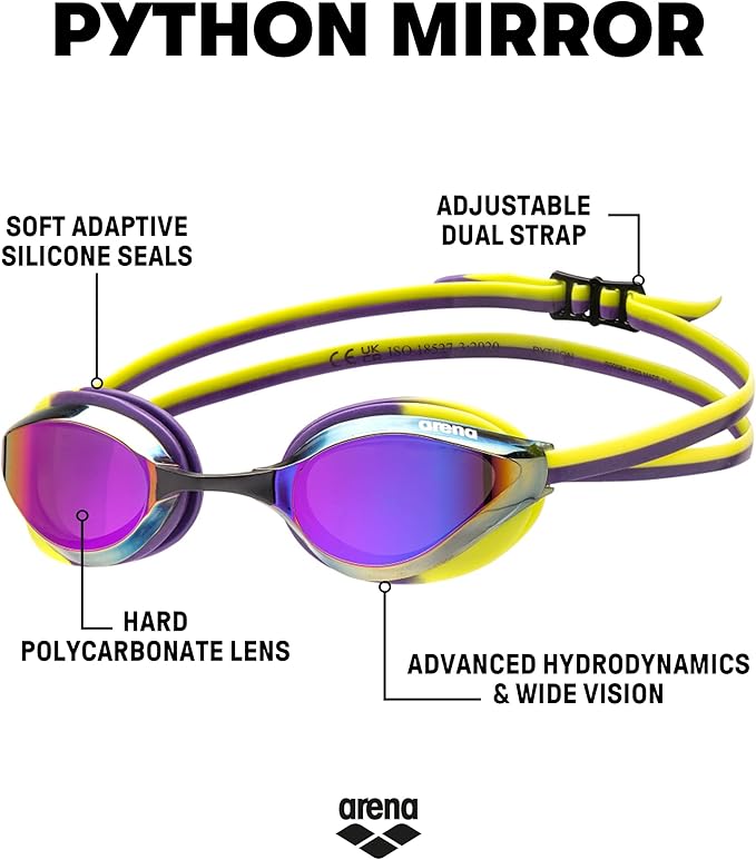 ARENA Unisex Python Racing Swim Goggles for Men and Women Anti-Fog No Leak Max Comfort Dual Strap, Mirror/Non-Mirror Lens-StrideForce Fitness