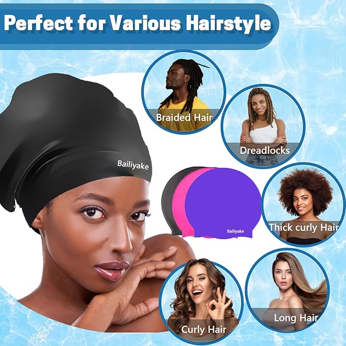 3 Pack Extra Large Swim Cap for Braids & Dreadlocks - Waterproof Silicone Swim Hat for Women with Long Thick Hair, Protective Swim Cap Cover Ears for Swimming, Shower, Bathing-StrideForce Fitness