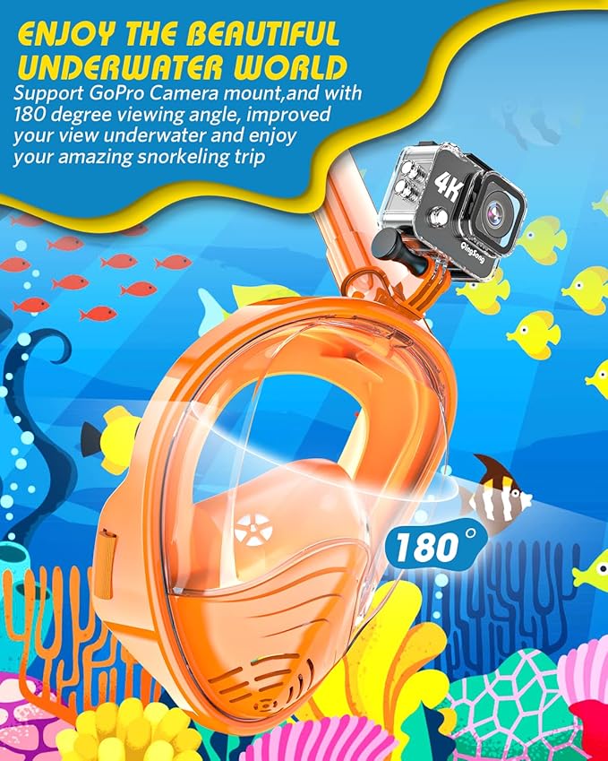 QingSong Kids Snorkel Mask Full Face, Snorkeling Set with Camera Mount, Foldable 180 Degree Panoramic View Snorkeling Gear Anti-Fog Anti-Leak-StrideForce Fitness