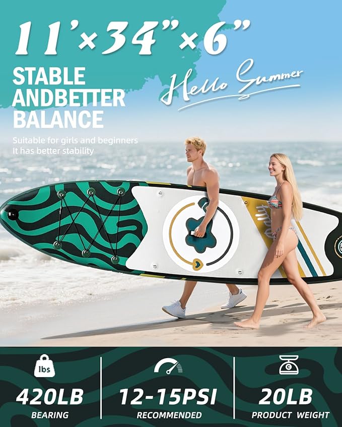 11'Stand Up Paddle Boards Surf Control with Premium SUP Board Accessories Backpack & Removable Fins, 34" Wide Inflatable Paddle Boards of All Skill Levels-StrideForce Fitness