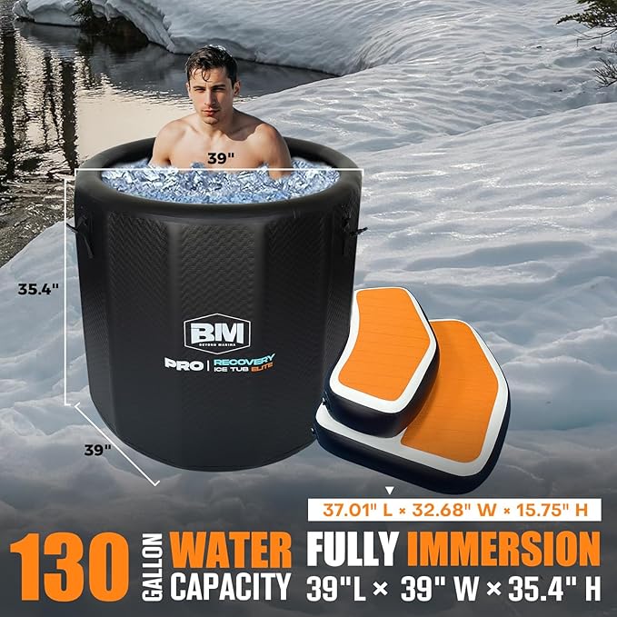 Inflatable Ice Bath Tub for Athletes, Cold Plunge Recovery Tub with Non-Slip Step, Insulated Lid, EVA Groundsheet, Backpack, 115 Gallon Capacity, 39" x 39" x 35.4", Portable Durable Design-StrideForce Fitness