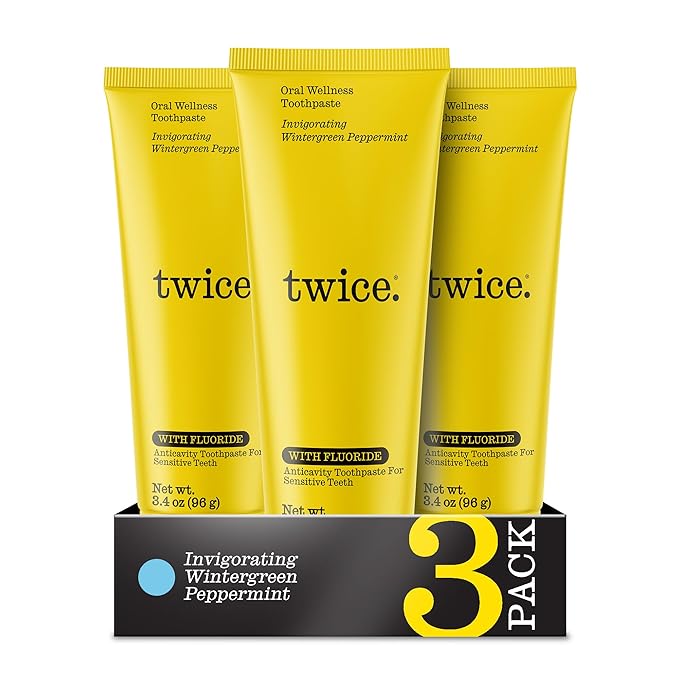 Twice Twice Oral Wellness Toothpaste with Fluoride – Natural Anticavity Toothpaste for Sensitivity Relief, Whitening & Fresh Breath, Wintergreen Peppermint, 3.4oz, 3 Pack