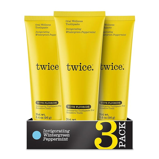 Twice Twice Oral Wellness Toothpaste with Fluoride – Natural Anticavity Toothpaste for Sensitivity Relief, Whitening & Fresh Breath, Wintergreen Peppermint, 3.4oz, 3 Pack