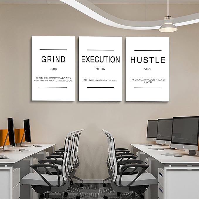 Framed Canvas Wall Art Success Quote, Office Wall Art, White Large Poster, Positive Motivational Set of 3 Prints, Grind Execution Hustle Poster, Inspirational Print-StrideForce Fitness