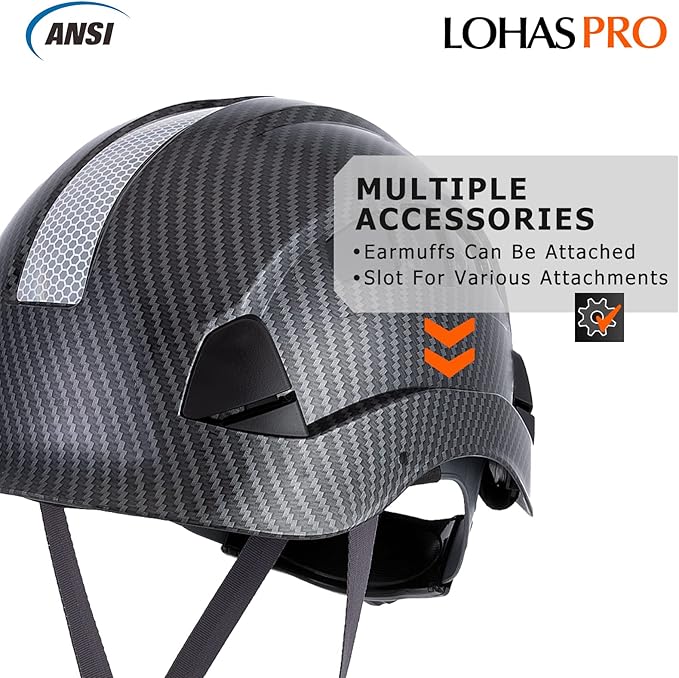 LOHASPRO Hard Hats Construction Safety Helmet ANSI Z89.1 Approved OSHA Hardhat, Vented Carbon Fiber Black Hard Hat with Chin Strap Tree Rescue Arborist Helmet(Black Graphite Pattern)-StrideForce Fitness