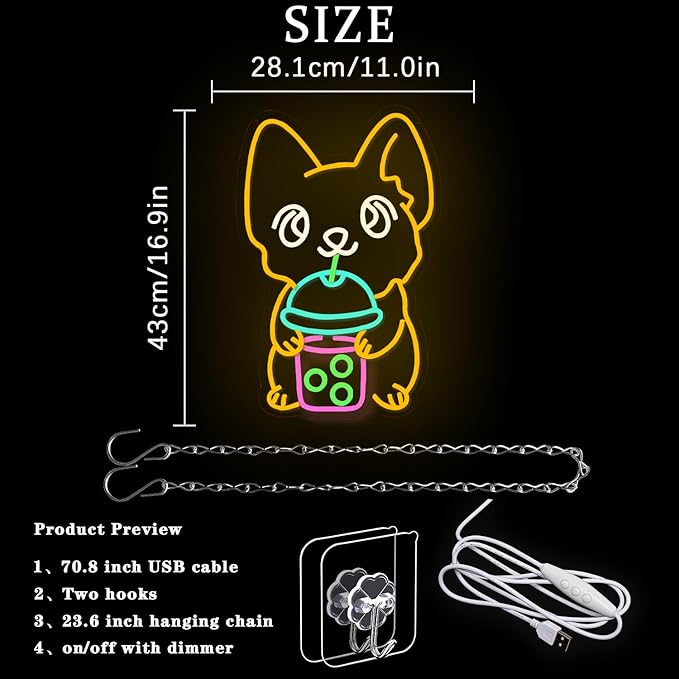 Corgi Neon Sign Bubble Tea Neon Light for Wall Decor Colorful Neon Sign Dog Neon Signs for Bedroom Dessert Coffe Shop Store Business Wall Decoration-StrideForce Fitness