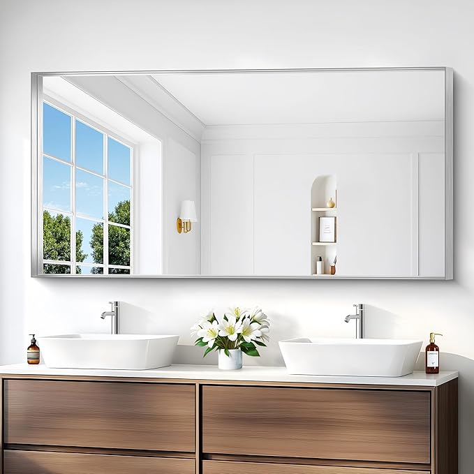 Silver Bathroom Mirror, 30x60 Inch Rectangular Deep Frame Mirror, Large Wall Mounted Bathroom Vanity Mirror Over Sink for Bedroom,Restroom, Living Room, Hangs Vertically or Horizontally-StrideForce Fitness