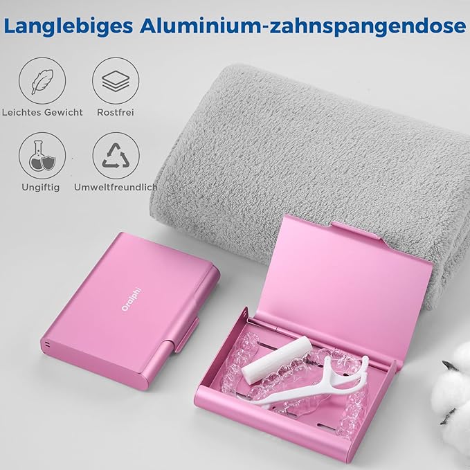 Aluminum Retainer Case for Invisalign Aligners, Partial Mouth Guard Case Denture Retainer Container Case Holder with Vent Holes, Slim Orthodontic Aligner Case for Traveling-1 Pack Pink