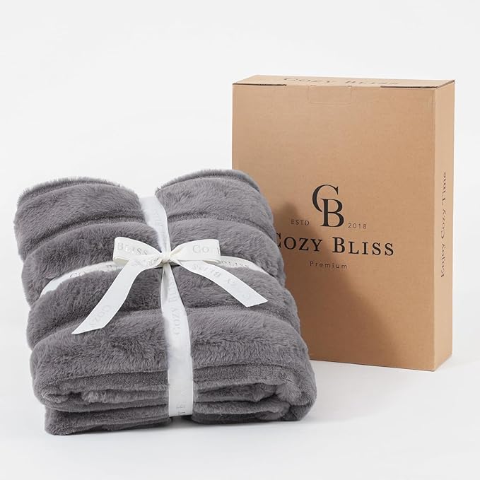 Cozy Bliss Faux Fur Throw Blanket for Couch, Cozy Warm Plush Striped Blanket for Sofa Bedroom Living Room, 90 * 90 Inches Grey-StrideForce Fitness