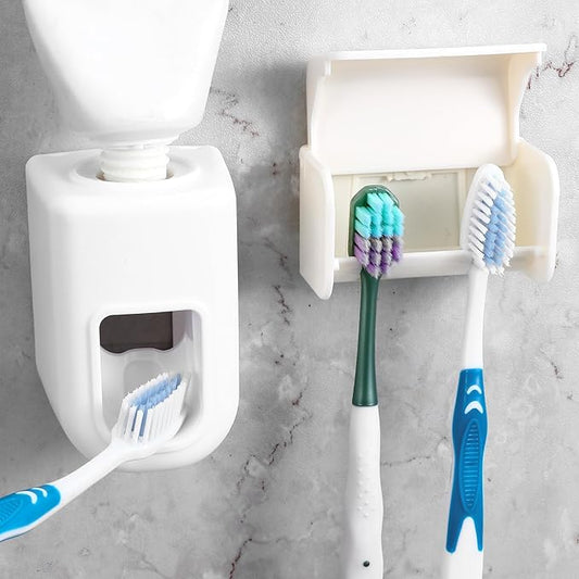 2 Slots Wall Mount Toothbrush Holder with Cover, Self Adhesive Toothbrush Storage Organizer for Shower Waterproof and Dustproof, with Automatic Toothpaste Squeezer Dispenser for Family & Travel