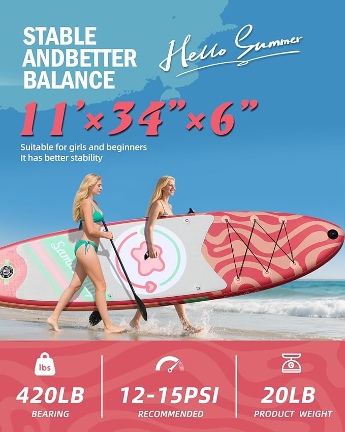 11'Stand Up Paddle Boards Surf Control with Premium SUP Board Accessories Backpack & Removable Fins, 34" Wide Inflatable Paddle Boards of All Skill Levels-StrideForce Fitness