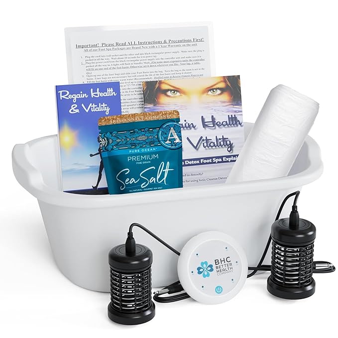 Ionic Foot Bath Detox Machine for Home Use - Free Regain Health & Vitality Booklet & Brochure - 2 Arrays, 20 Basin Liners, Detox Sea Salt, Basin 12QT-StrideForce Fitness