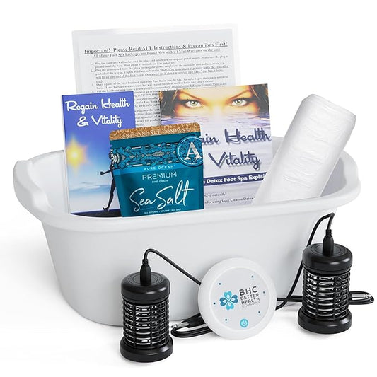 Ionic Foot Bath Detox Machine for Home Use - Free Regain Health & Vitality Booklet & Brochure - 2 Arrays, 20 Basin Liners, Detox Sea Salt, Basin 12QT-StrideForce Fitness