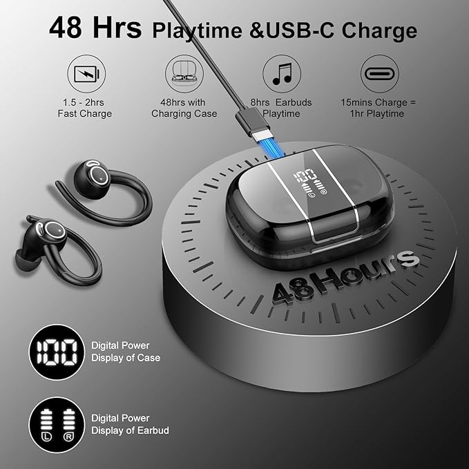 Wireless Earbuds Bluetooth 5.3 Headphones Sports, 48Hrs Playtime Bluetooth Earbuds with CVC 8.0 Mic, Stereo Bass Over Ear Bud with Earhooks, LED Display, IP7 Waterproof Earphon for Workout/Running-StrideForce Fitness
