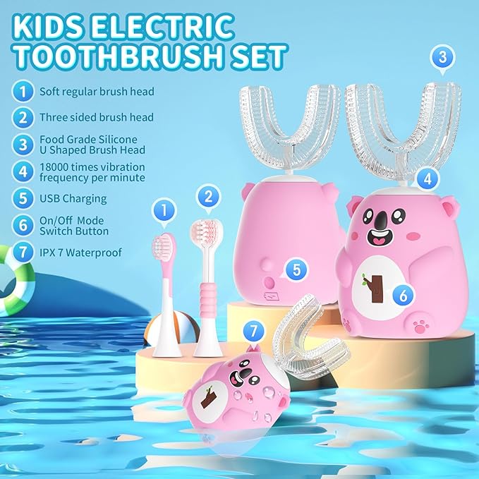 Kids U Shaped Electric Toothbrush, Automatic 360° Sonic Cleaning, 6 Modes, 4 Brush Heads, Cute Cartoon Koala Design (2-6 Age (Pink))