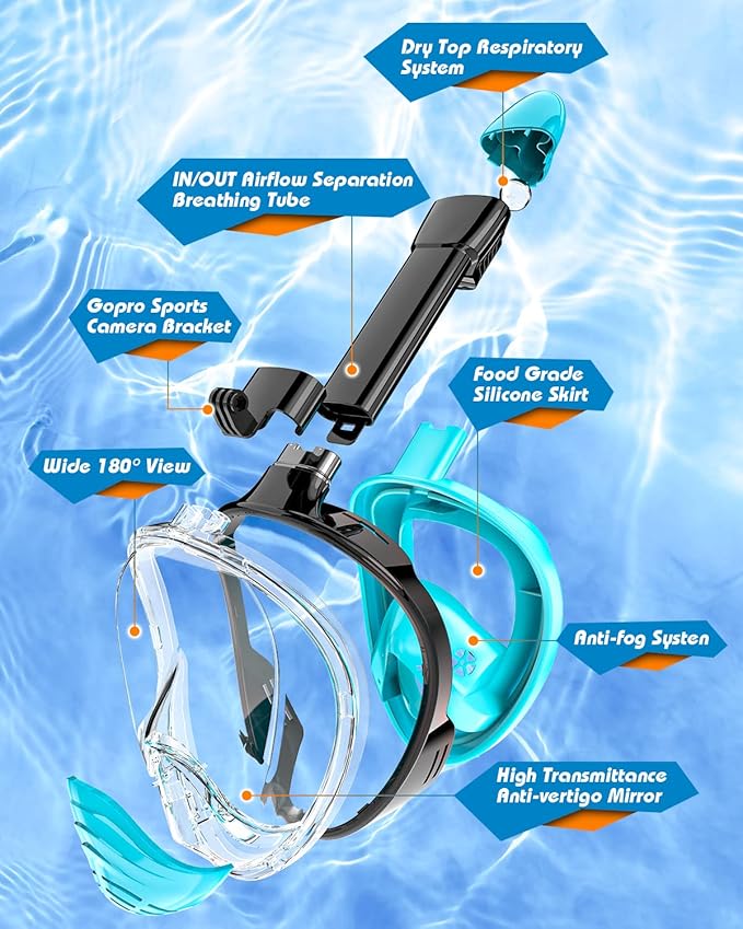 QingSong Full Face Snorkel Mask for Adults, Snorkeling Gear with Camera Mount, 180 Degree Panoramic View Snorkel Set Anti-Fog Anti-Leak-StrideForce Fitness