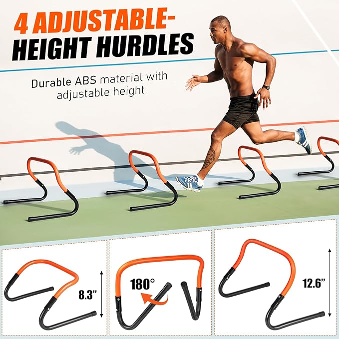 Soccer Training Equipment, Agility Speed Training Set with 20ft Speed Ladder, 12 Cones, 4 Adjustable Hurdles, Jump Rope, Parachute | Ideal for Basketball, Football Practise, for Kids, Youth, Adults-StrideForce Fitness