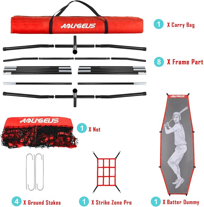 7'X7' Baseball Softball Practice Net,Pitching Net,Batting Net,with Baseball Tee,Bonus Strike Zone and Bow Frame,for Hitting,Pitching, Catching-StrideForce Fitness