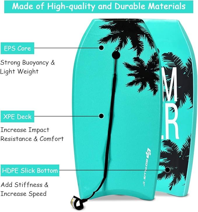 Goplus 41''/37''/33'' Lightweight Body Board for Beach, Surf Board with EPS Core, XPE Deck, HDPE Slick Bottom, Wrist Leash, Bodyboard for Kids Adults Surfing-StrideForce Fitness