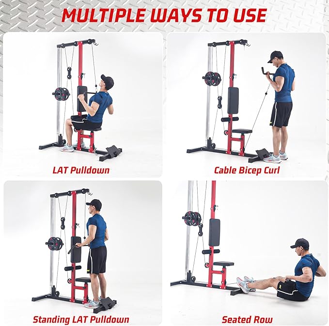 LAT Pulldown Machine, Multi-Functional Cable Machine with High and Low Pulley Station, Row Cable Machine Home Gym with Leg Support, Tricep Workout Equipment-StrideForce Fitness