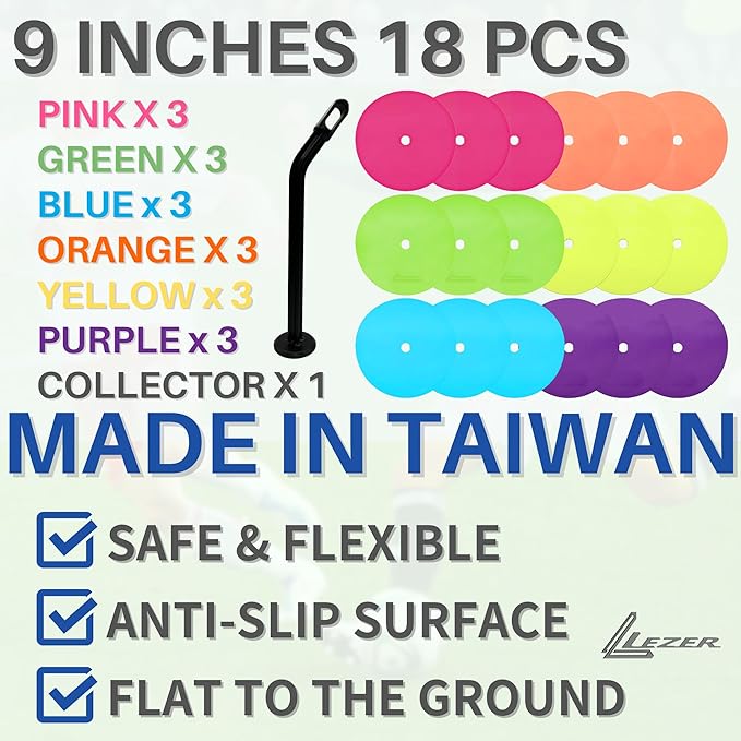 LEZER 9 Inch Flat Cones, Spot Markers, Soccer Cones, Field Court Markers, Sit Spots, Flat Discs, Soccer Training Equipment, Agility Practice, Football, Made in Taiwan-StrideForce Fitness