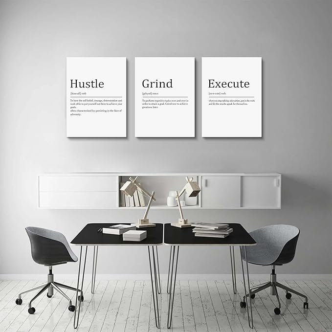 Hustle Grind Execute, Inspirational Wall Decor Art - Framed Canvas Office Decor, Quote Poster, Office Wall Art, White Large Poster, Positive Motivational Wall Art, 12x16inchx3pcs-StrideForce Fitness