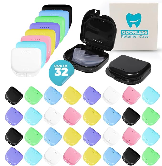 Orthodontic 32 Pcs Retainer Cases Bulk - Mouth Guard Case Holder with Vent Holes - Cute Partial Denture case with Tight Snap Lock-Durable Retainer Container case for Travel, Household & Office