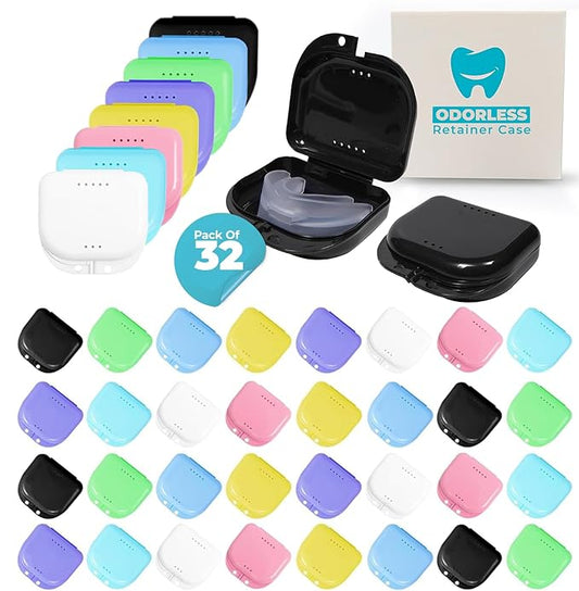 Orthodontic 32 Pcs Retainer Cases Bulk - Mouth Guard Case Holder with Vent Holes - Cute Partial Denture case with Tight Snap Lock-Durable Retainer Container case for Travel, Household & Office