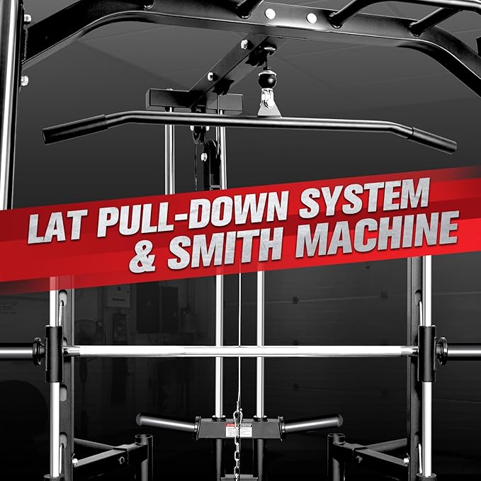 RitFit Smith Machine Power Rack with LAT-Pull Down System, Landmine, Barbell Bar, Plate Storage Pegs and More Training Attachment-StrideForce Fitness