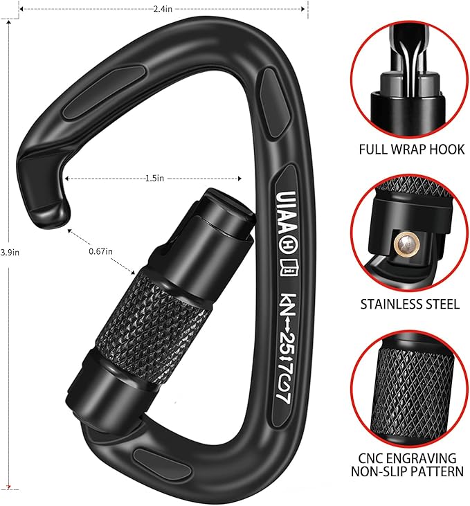 BEIFENG 25KN Auto Locking Carabiner - UIAA Certified Heavy Duty Climbing Carabiners for Rock Climbing, Camping, Rappelling, Hunting, Rescue Equipment - Professional Carabiner Clips (Black)-StrideForce Fitness