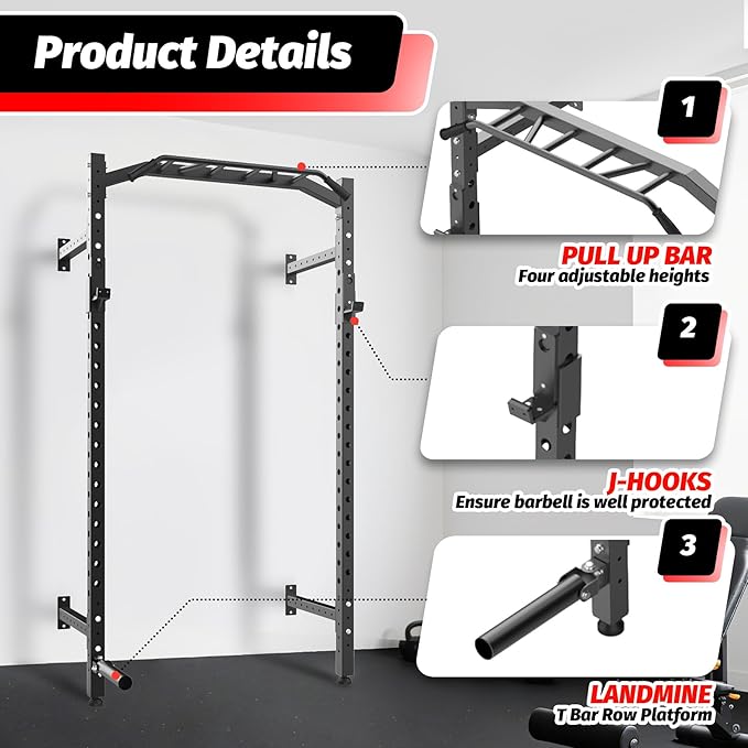 1600LB Wall Mounted Power Rack, Commercial Squat Rack for Home Gym with Multi-Grip Pull Up Bar, j-Cups & Landmine Attachment for Home and Garage Gym-StrideForce Fitness