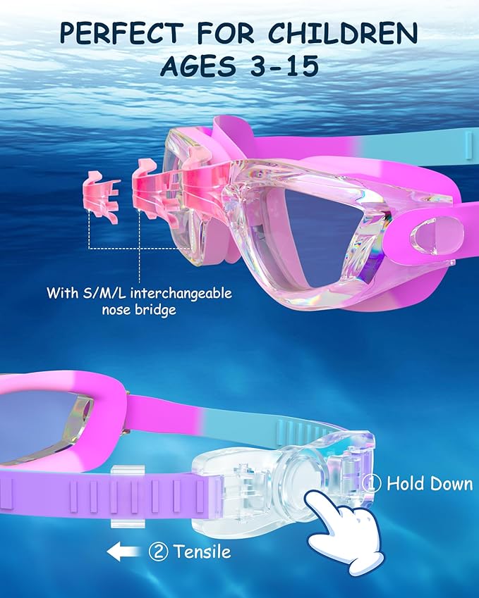 Kids Swim Goggles, Swimming Goggles for Kids Toddlers 3-14 with Swim Cap, Nose Clip, Nose Bridge, Ear Plugs-StrideForce Fitness