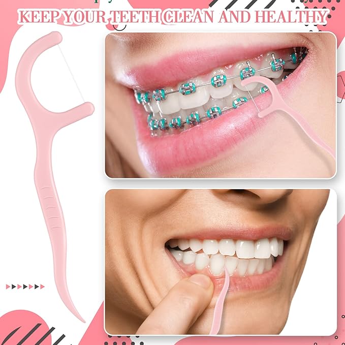 Baderke 200 Count Floss Picks Bulk Non Breakable Tooth Picks Flosser Dental Floss Sticks for Adults Teeth Cleaning Dental Flossers for Family Pack Travel(Light Pink)