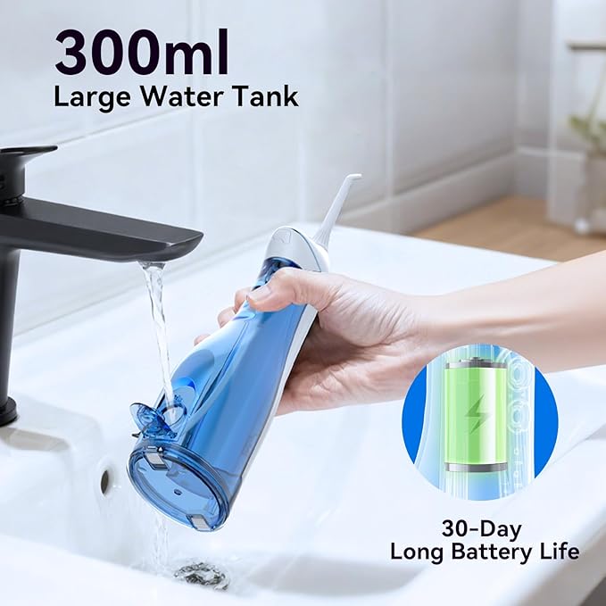 Cordless Portable Water Flosser with 300ML Tank: Rechargeable Oral Irrigator with 5 Tips for Travel, Braces Care and Sensitive Gums, IPX7 Waterproof Teeth Cleaning Device(Blue