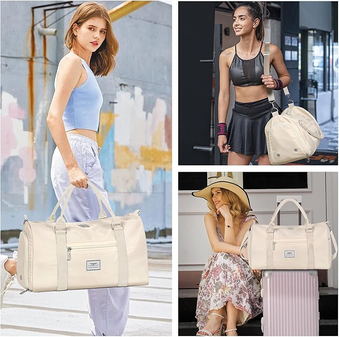 FIORETTO Womens Gym Tote Duffle Bag with Toiletry Bag, Sports Duffel Overnight Hospital Workout Carry on Bag for Girls with Wet Pocket & Shoe Compartment, Ideal for Travel, Swimming, Dance Beige-StrideForce Fitness