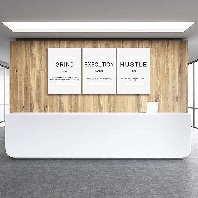 Framed Canvas Wall Art Success Quote, Office Wall Art, White Large Poster, Positive Motivational Set of 3 Prints, Grind Execution Hustle Poster, Inspirational Print-StrideForce Fitness